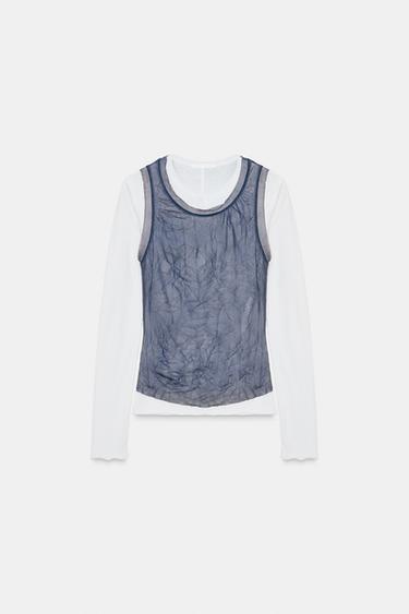 DOUBLE CRINKLED-EFFECT TULLE T-SHIRT - Navy / White by Zara - Image 0