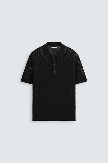 Zara KNIT LACE POLO SHIRT - Black