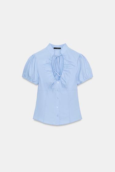 TOP PUPLINI ME LIDHËSE - E kaltër e hapur nga Zara - Imazh 0