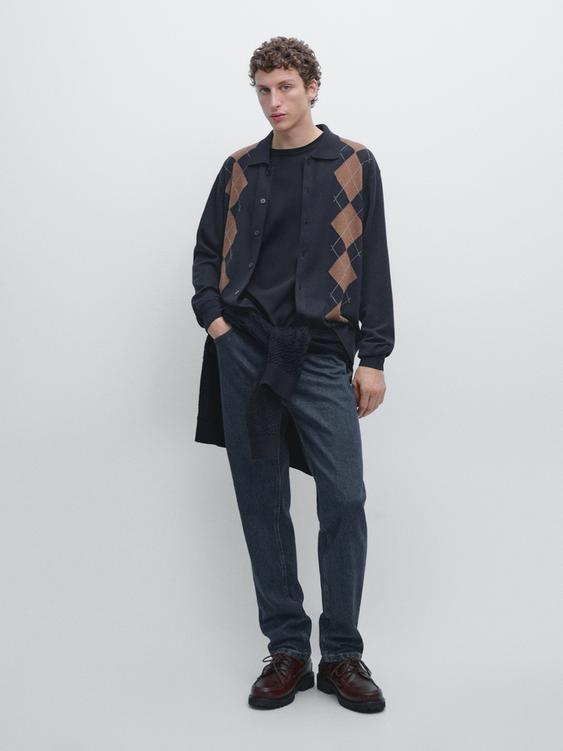 Wool blend argyle knit cardigan