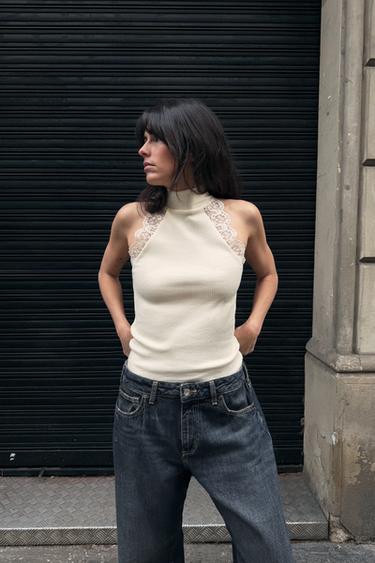 TOP CÔTELÉ DENTELLE - Écru de Zara - Image 2