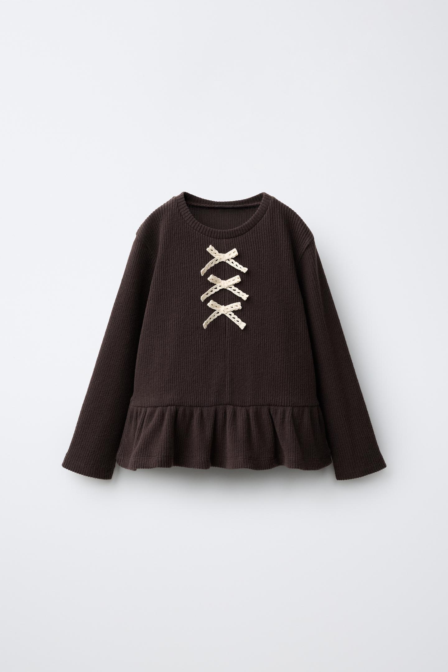 Детская футболка Zara Soft Touch Ribbed Peplum Bow, цвет: Коричневый — фото 1
