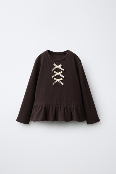 SOFT TOUCH RIBBED PEPLUM BOW T-SHIRT — Brown 1