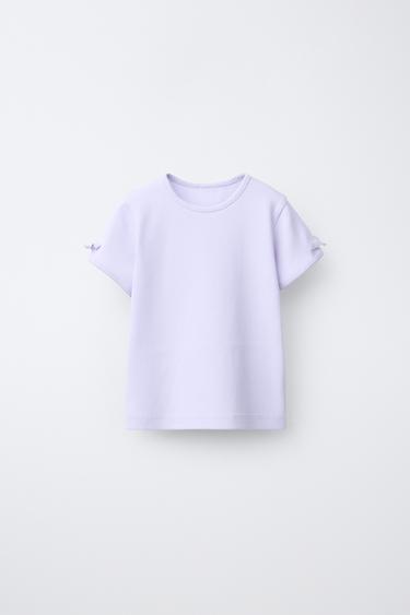 RIBBED T-SHIRT WITH BOWS - Mauve by Zara