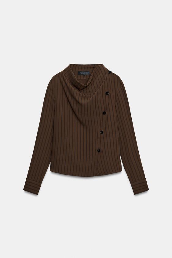 Zara STRIPED WRAP BLOUSE - Brown - Image 0