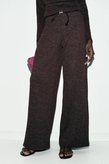 PANTALÓN PIQUÉ CINTURÓN - Marrón oscuro de Zara