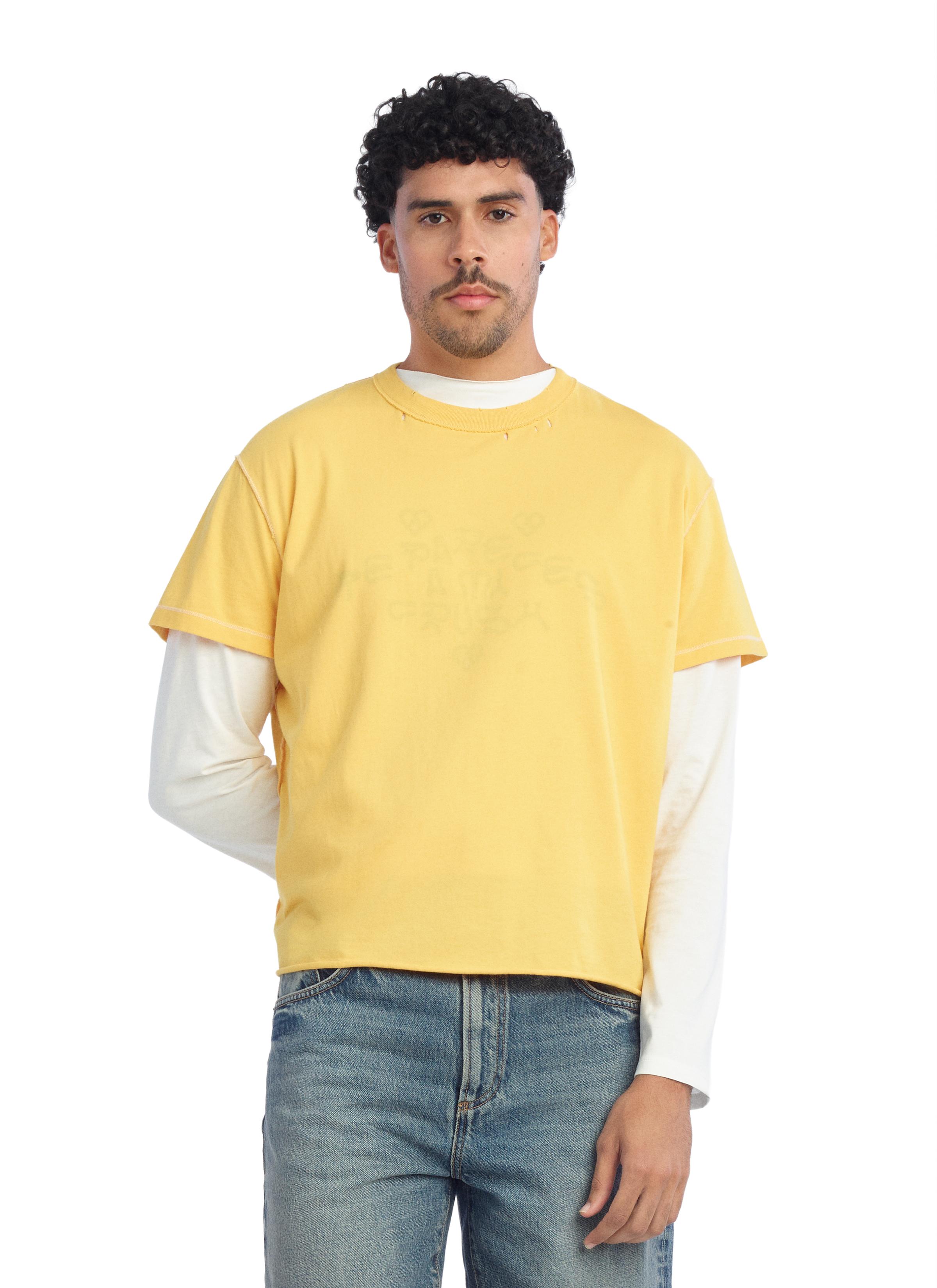 WASHED CRUSH TEXT INSIDE-OUT EFFECT T-SHIRT — Yellow