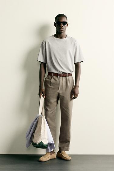 بنطلون relaxed fit من القطن - الكتان - كاكي الخاص بـ Zara - صورة 0
