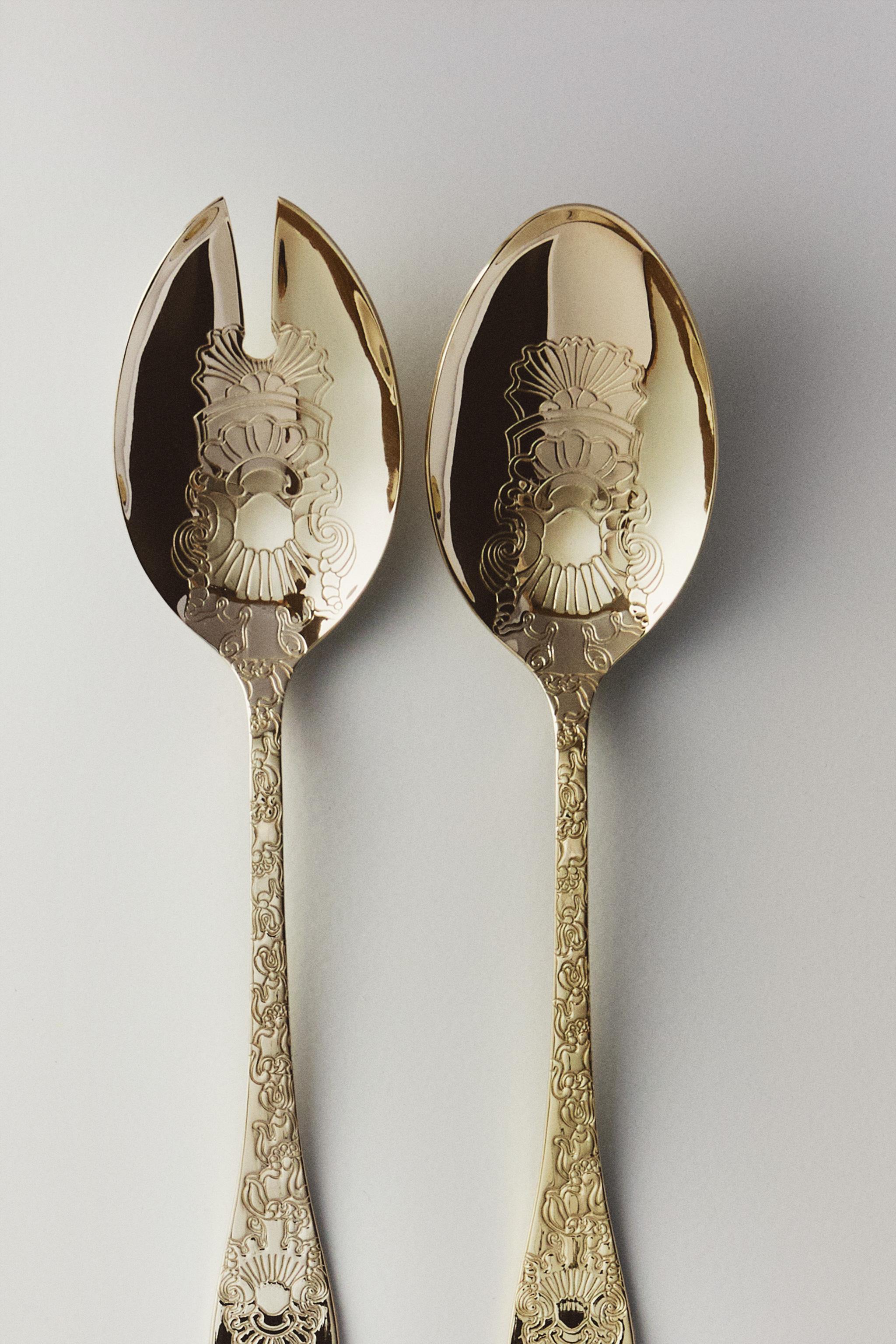ENGRAVED STEEL SALAD FLATWARE SET (SET OF 2) - Soft gold | ZARA