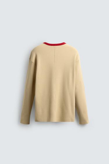 CONTRAST CHECKERED WAFFLE-KNIT T-SHIRT - camel by Zara - Image 7