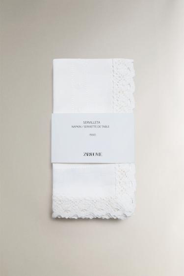 LOT DE 2 SERVIETTES COTON BRODÉ ET DENTELLE - Blanc de Zara - Image 4
