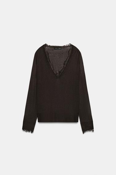 LACE KNIT JUMPER - Brown by Zara - Image 0