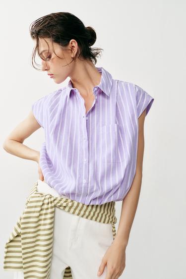 SHORT STRIPED SHIRT - Lilac / White by Zara