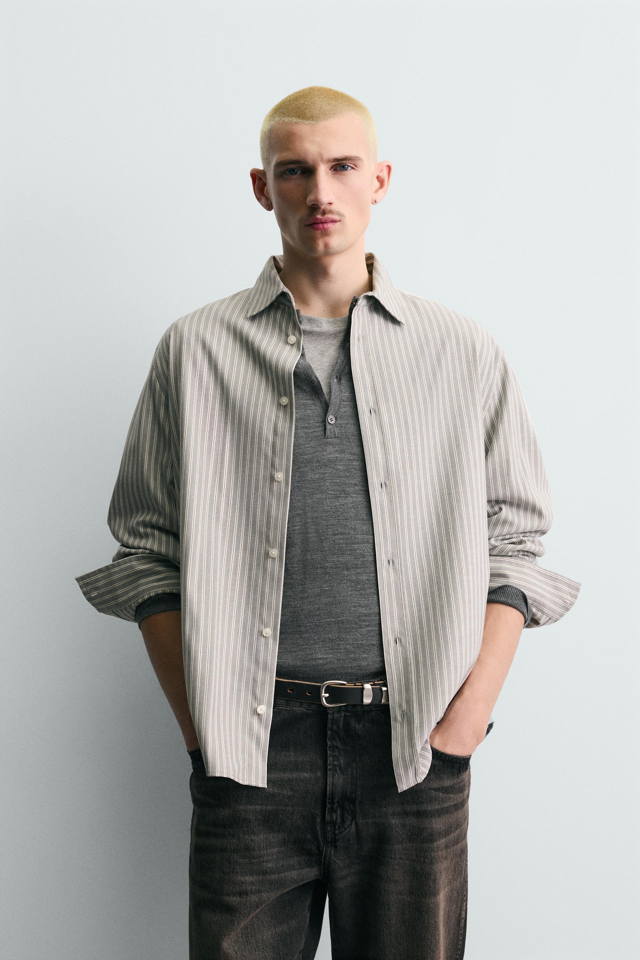 RELAXED FIT STRIPED SHIRT — Grey