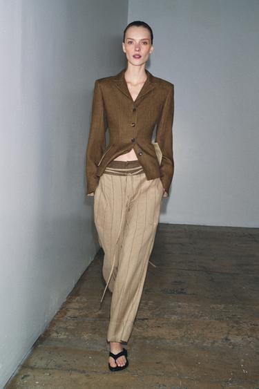 Zara ZW COLLECTION LINEN BLEND PANTS - Mid-camel