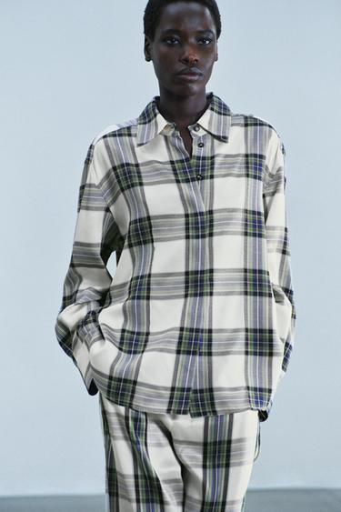 ZW COLLECTION OVERSIZED CHECKED SHIRT — Ecru 1