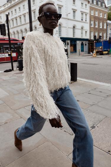 FEATHER FRINGE METALLIC THREAD JACKET - Ecru by Zara