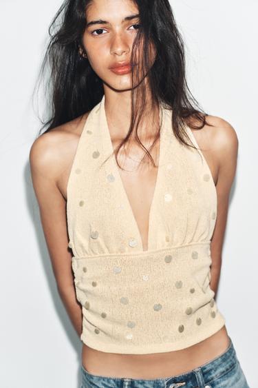 TOP HALTER RUSTIQUE À FANTAISIES - Jaune de Zara - Image 1