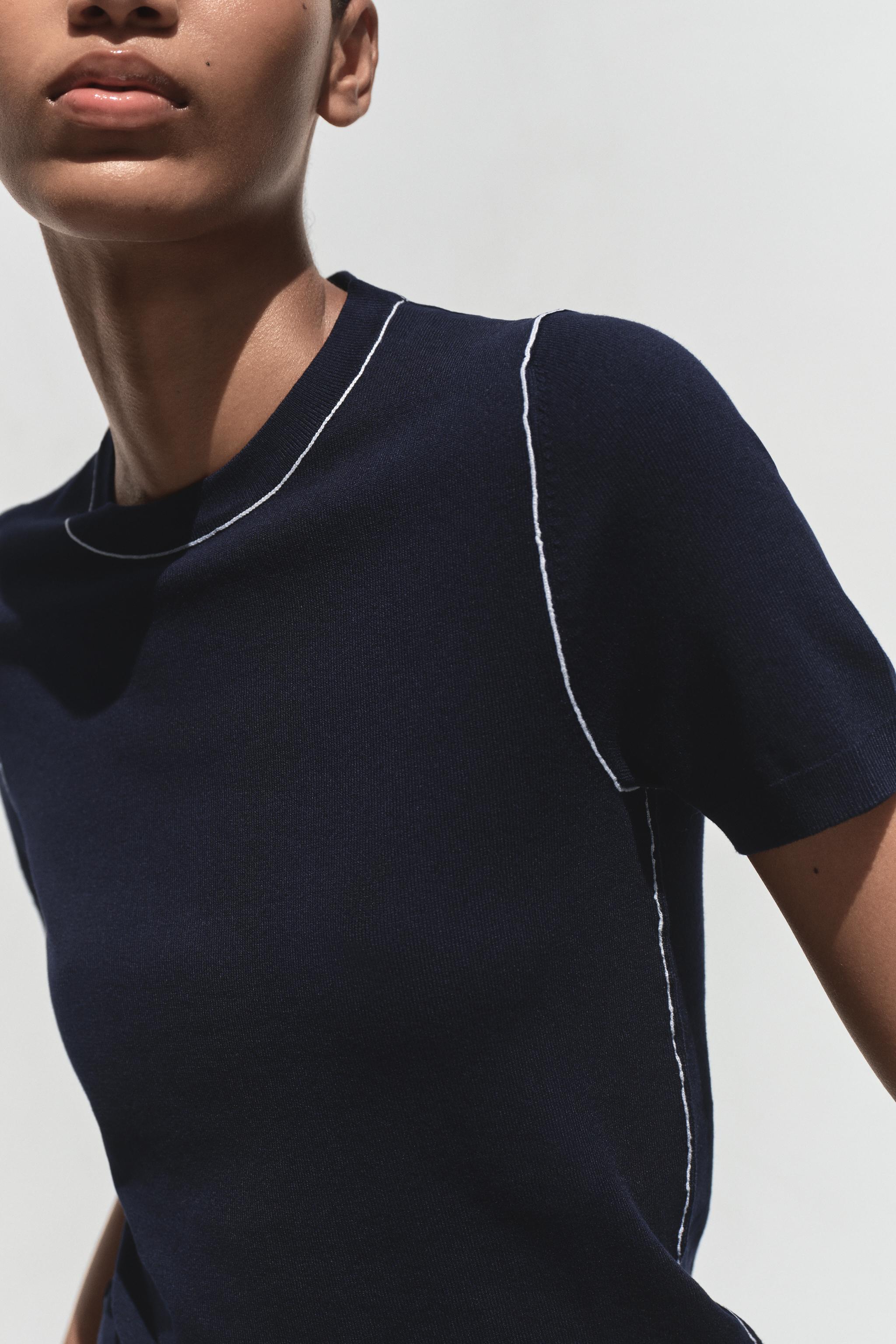 TRIMMED SHORT SLEEVE KNIT TOP - Navy / White | ZARA United States