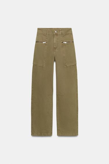 Zara Z1975 系列中腰拉鍊工裝牛仔褲 - 卡其色
