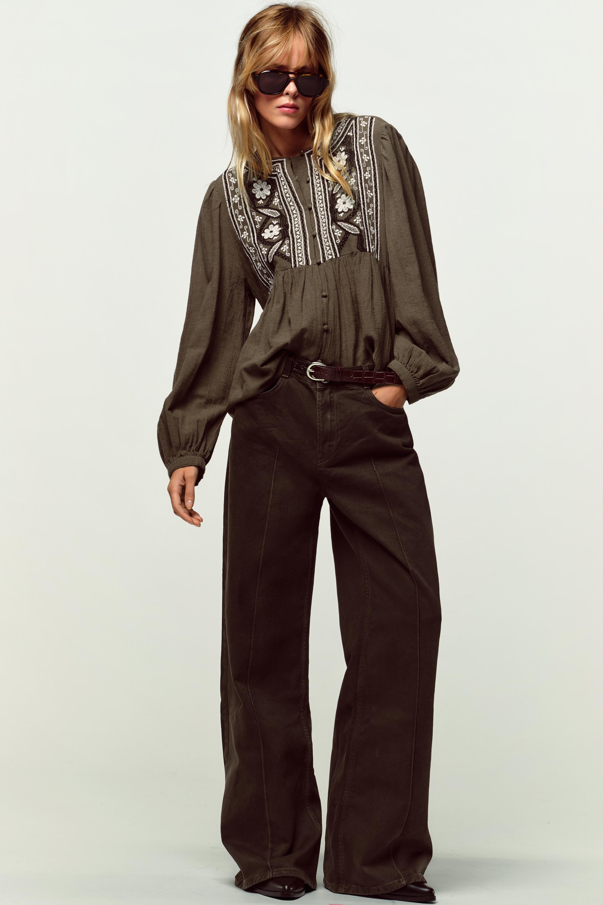 EMBROIDERED BIB BLOUSE - Dark khaki | ZARA United States