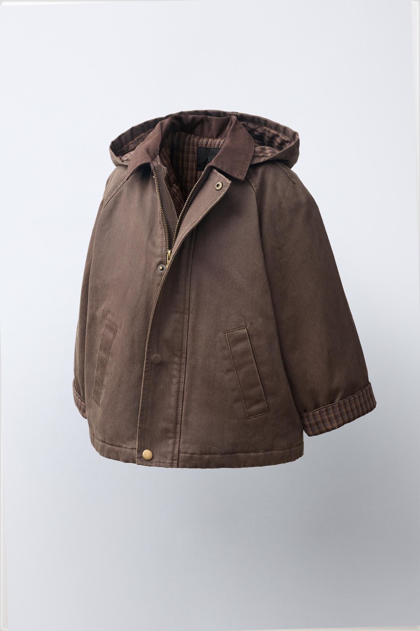 Детская куртка Zara Waxed Hoodie Jacket, цвет: Коричневый — фото 2