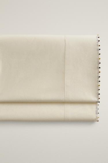 COTTON PERCALE POM-POM FLAT SHEET (300 THREAD COUNT) - Oyster-white by Zara