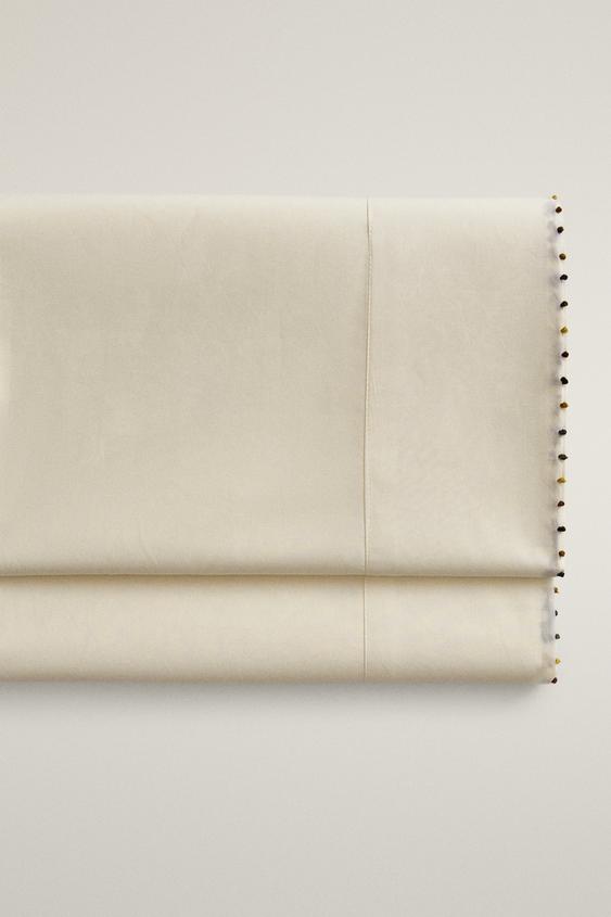 COTTON PERCALE POM-POM FLAT SHEET (300 THREAD COUNT) - Oyster-white by Zara - Image 0