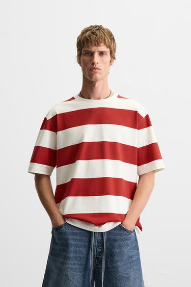 STRIPED JACQUARD T-SHIRT - White / Red by Zara