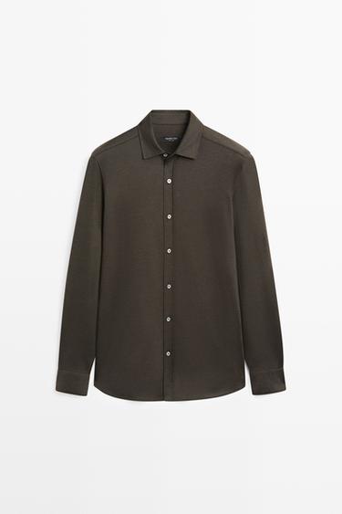 Stretch slim fit cotton shirt — Brown 1