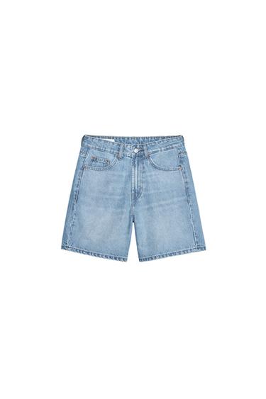 Front view of light blue denim shorts with front pockets.