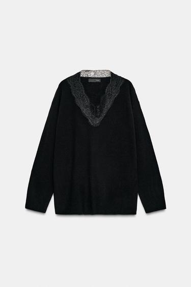 Zara LACE KNIT JUMPER - Black