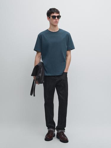 Zara Short sleeve cotton blend T-shirt - Duck blue