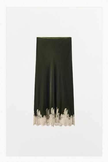 LACE VELVET MIDI SKIRT - Green by Zara