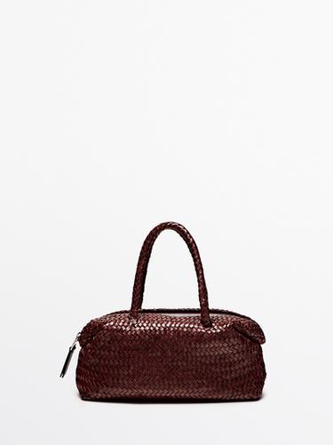 Zara Small woven nappa leather satchel bag - Burgundy