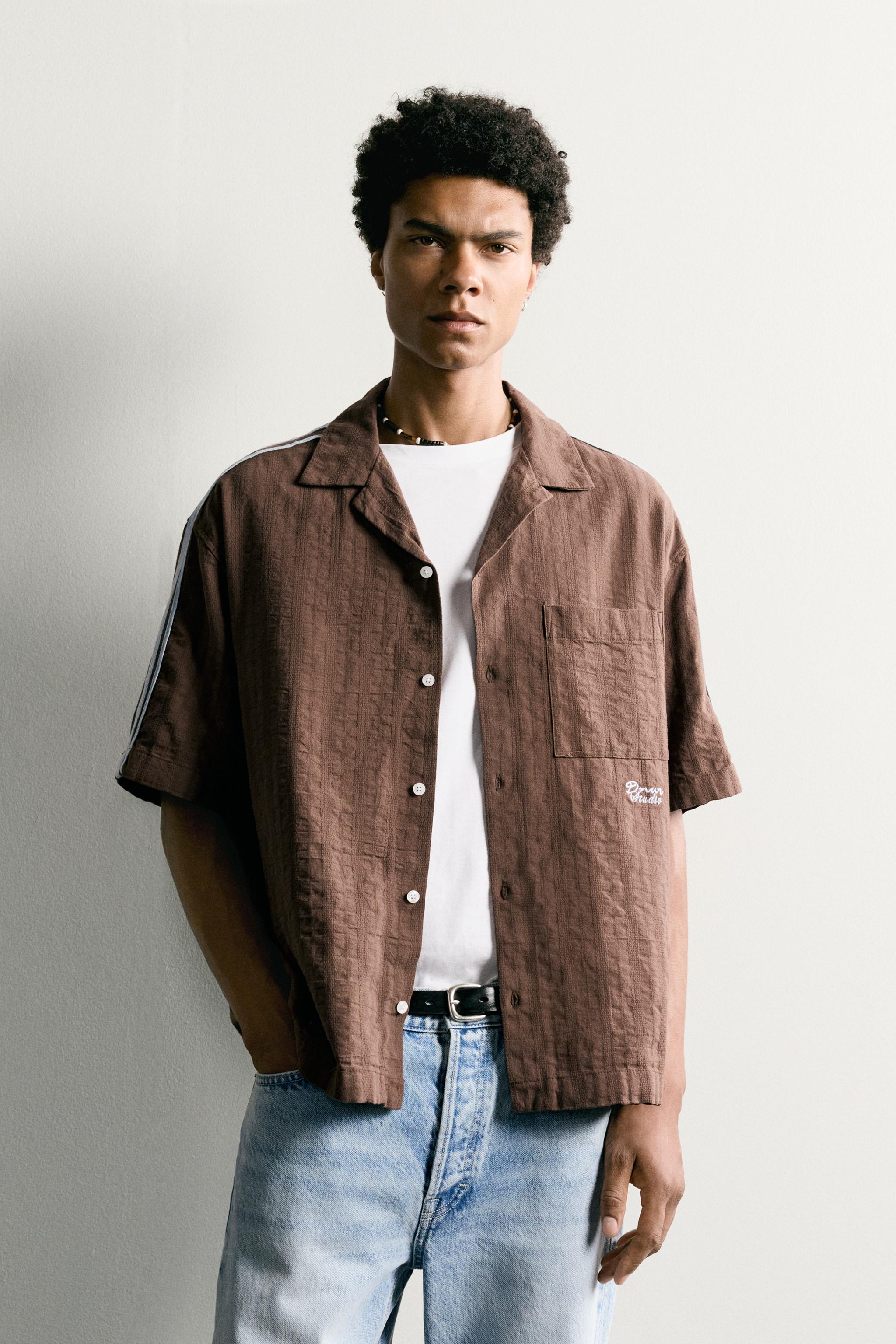 CONTRASTING EMBROIDERY STRIPE SHIRT — Brown