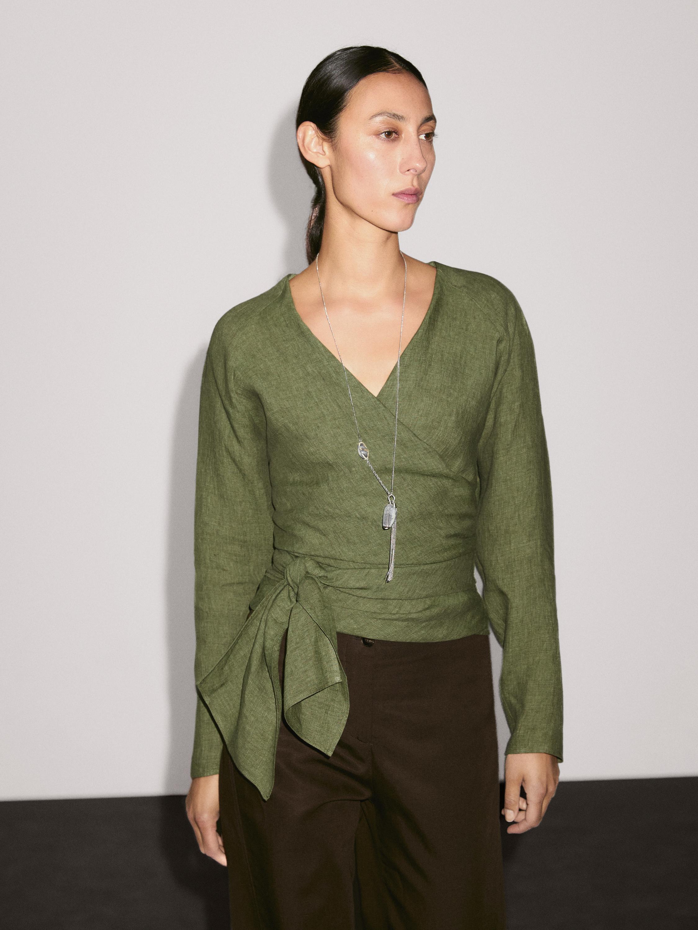 Blouse fluide lin avec nœud à la taille