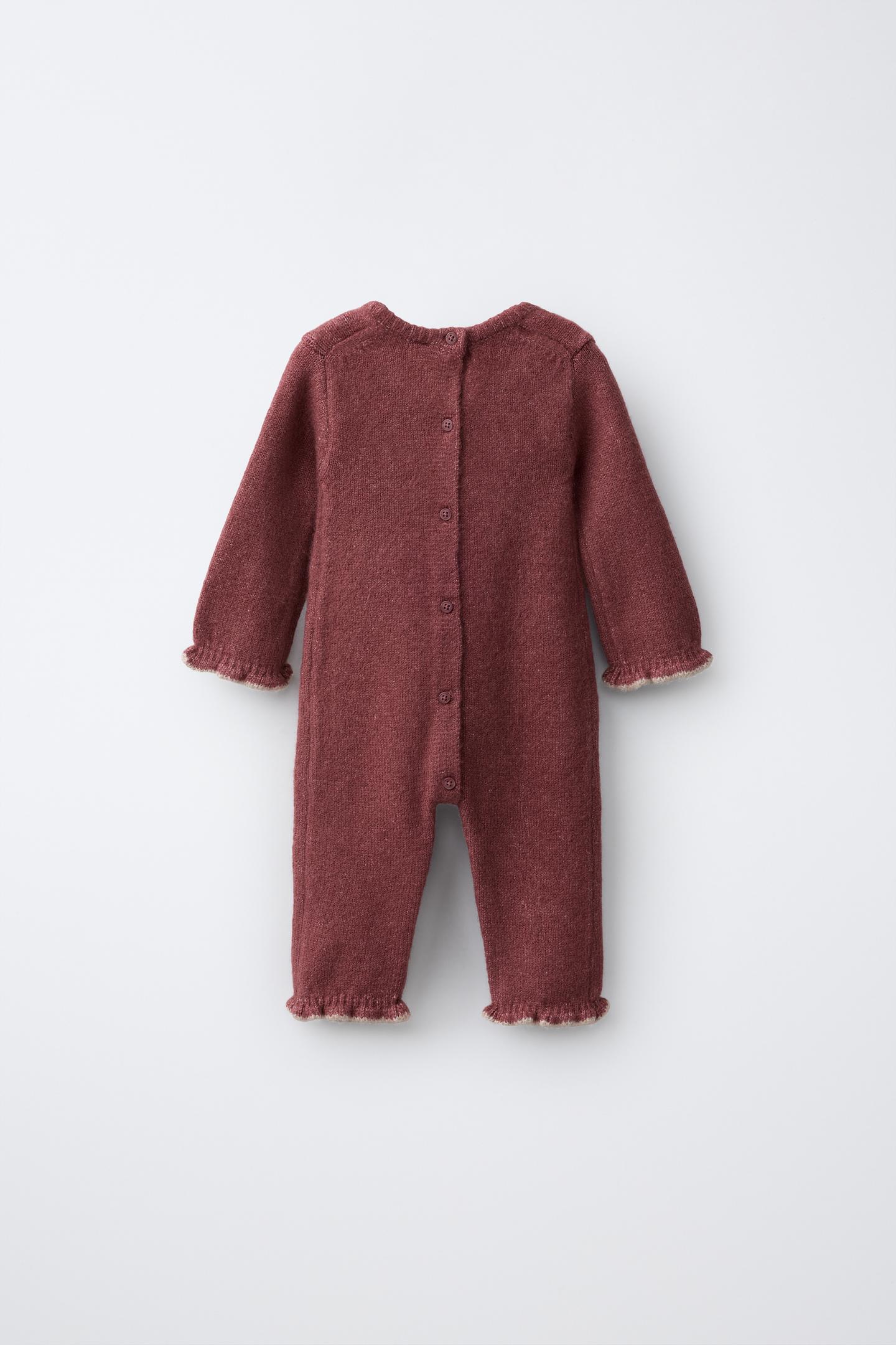 Детский комбинезон Zara Long Knit Romper with Embroidered Flowers, цвет: Тёмный розовый — фото 2