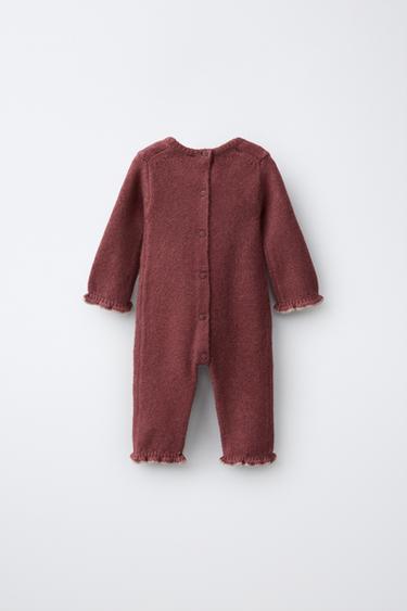 LONG KNIT ROMPER WITH EMBROIDERED FLOWERS — Dark pink 2