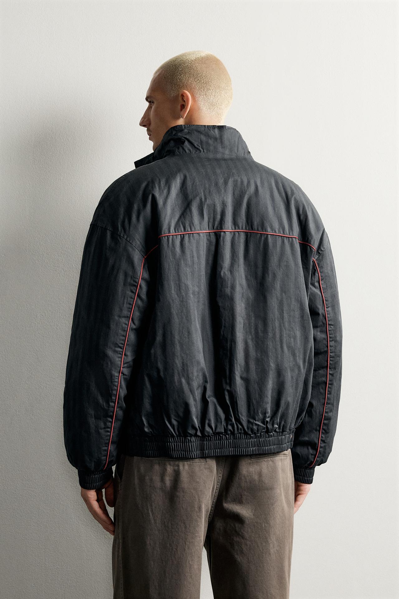 QUILTED STRIPED PATCH JACKET — Gray / Blue