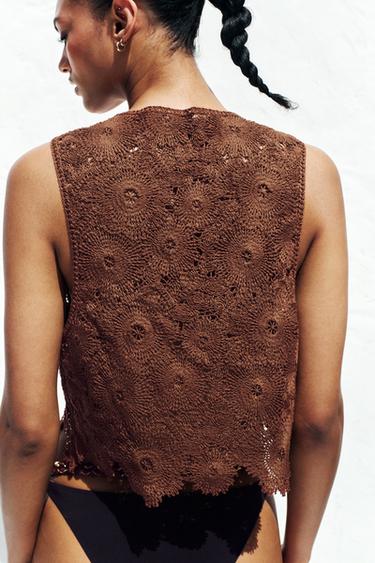 Zara CROCHET VEST TOP - Light brown