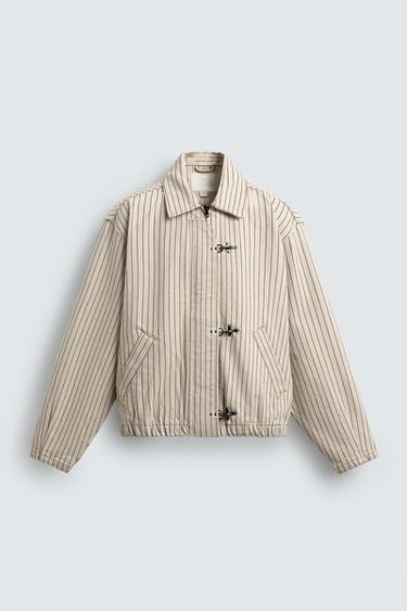 CROPPED FIT STRIPED FIREMAN CLASP JACKET - Ecru by Zara
