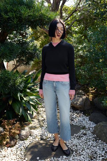 ストライプ柄コンビニットセーターネイビーブルーZaraのストライプ柄コンビニットセーター - ネイビーブルー 