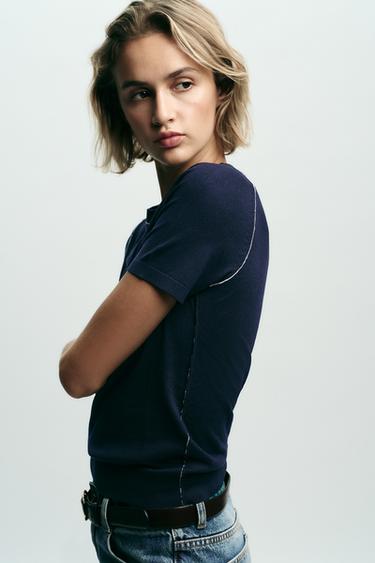 Zara CONTRAST TRIM KNIT SHORT SLEEVE TOP - Navy blue