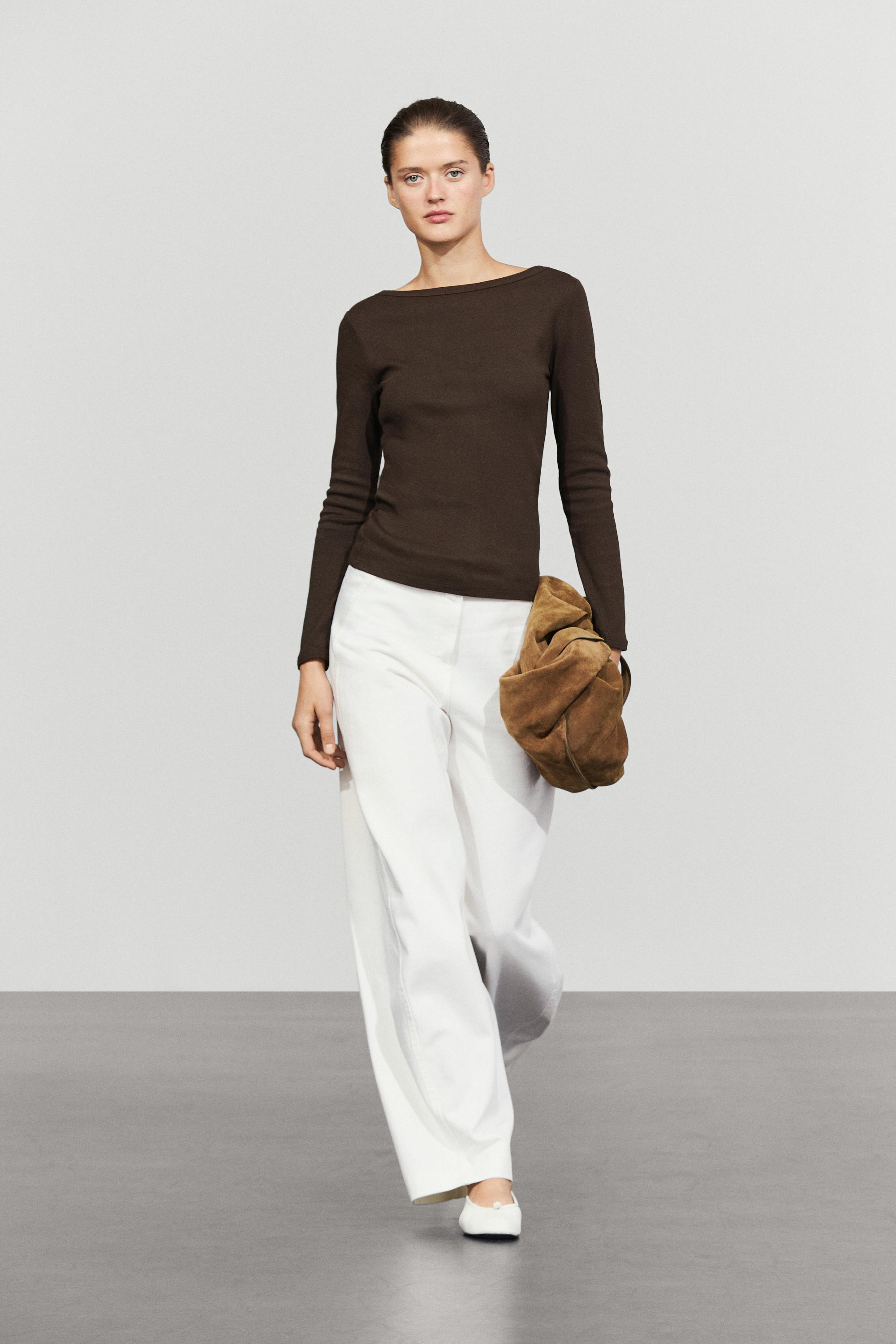 Long Sleeve Boat Neck T-shirt — Brown