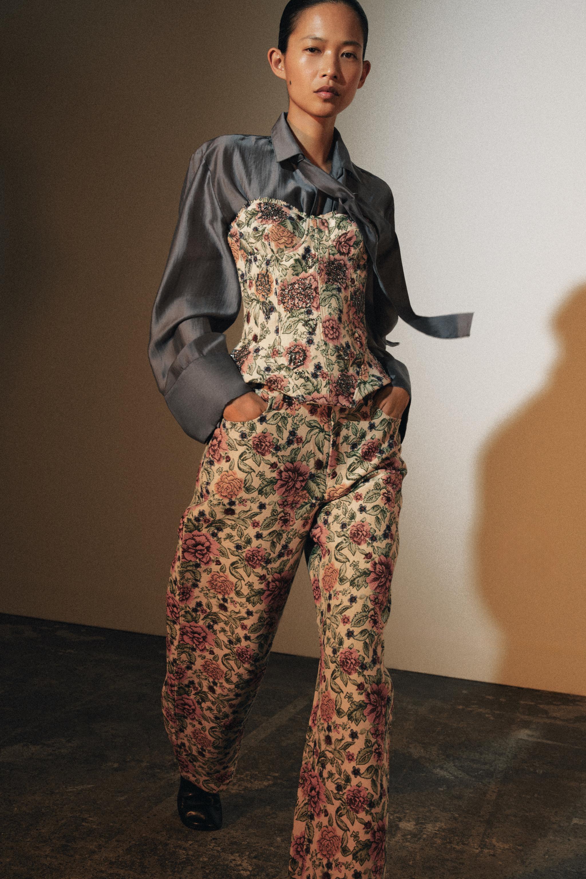 ZW COLLECTION JACQUARD FLORAL PANTS - Multicolored | ZARA United