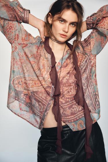 Zara PRINTED TIE BLOUSE - Multicolored