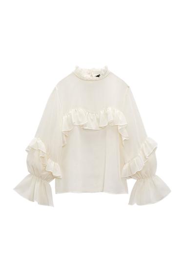 SEMI-SHEER BLOUSE WITH RUFFLE TRIMS