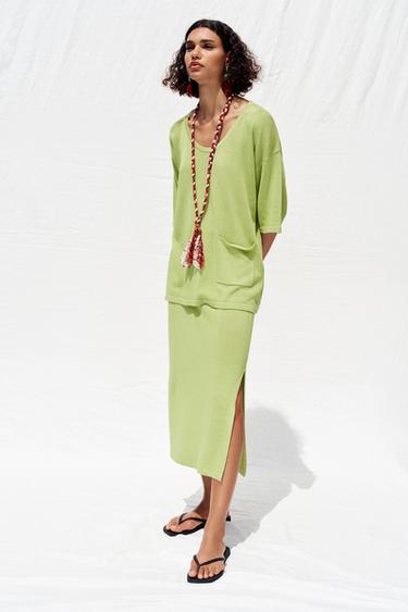 JUPE MIDI EN MAILLE - Vert de Zara