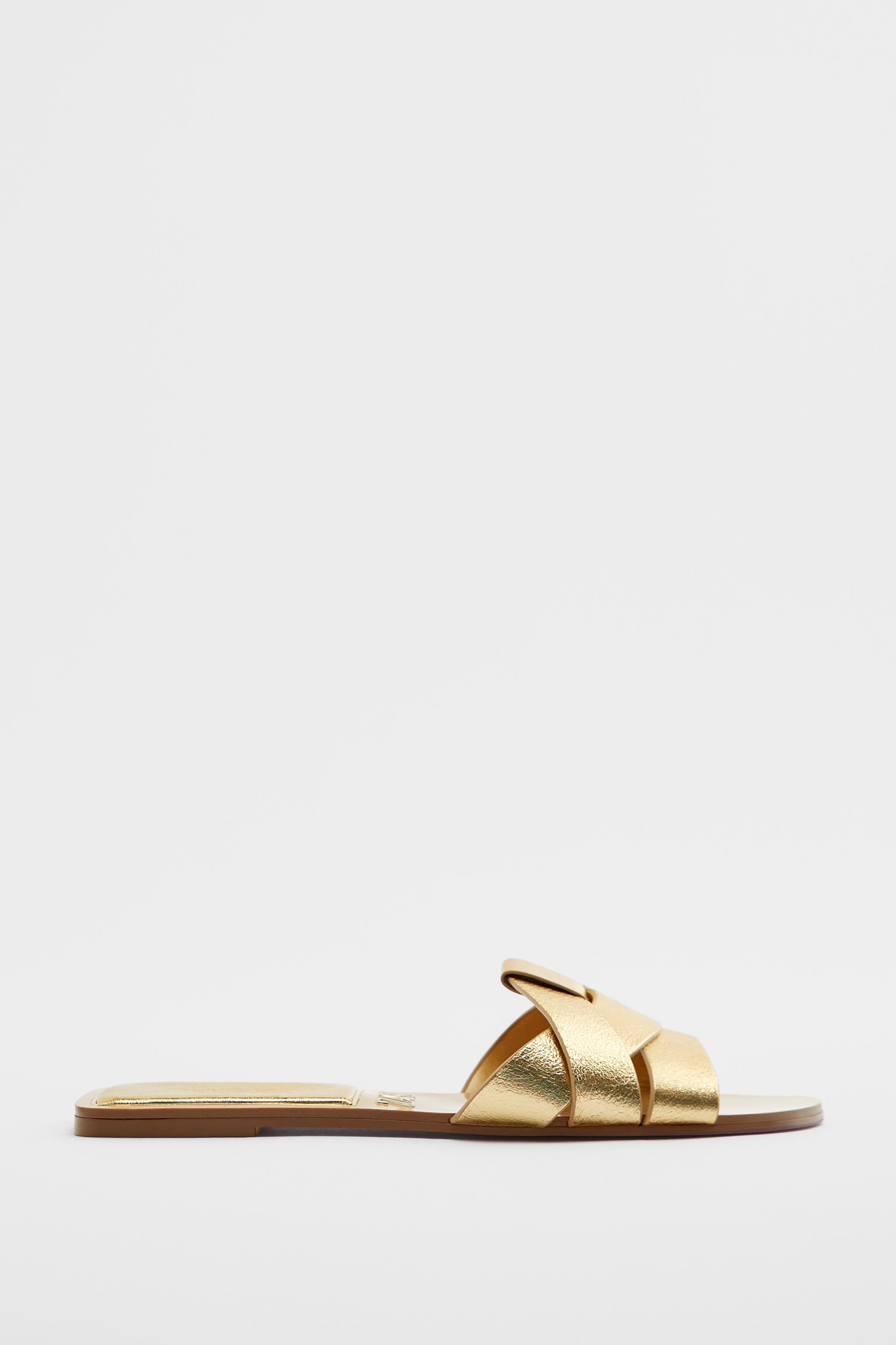 METALLIC LEATHER CROSS-STRAP SANDALS Gold ZARA India